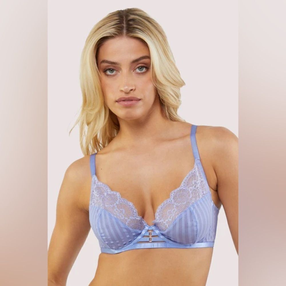 NWT Wolf & Whistle Saretta  Blue Stripe Mesh and Lace Plunge Bra 34DD unlined